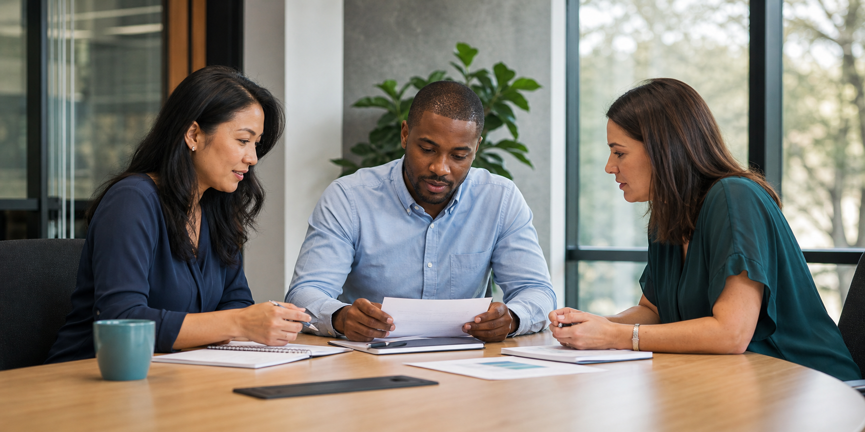 Three clinical research colleagues reviewing study materials