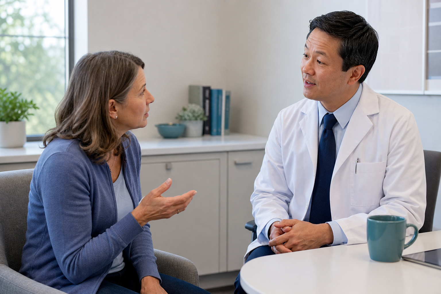 A woman asking a physician a question during a consultation