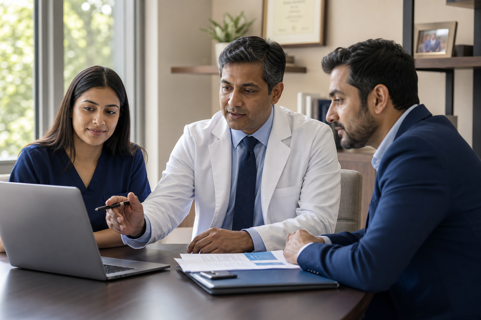 Physician collaborating with a clinical research coordinator and research operations partner inside his medical practice